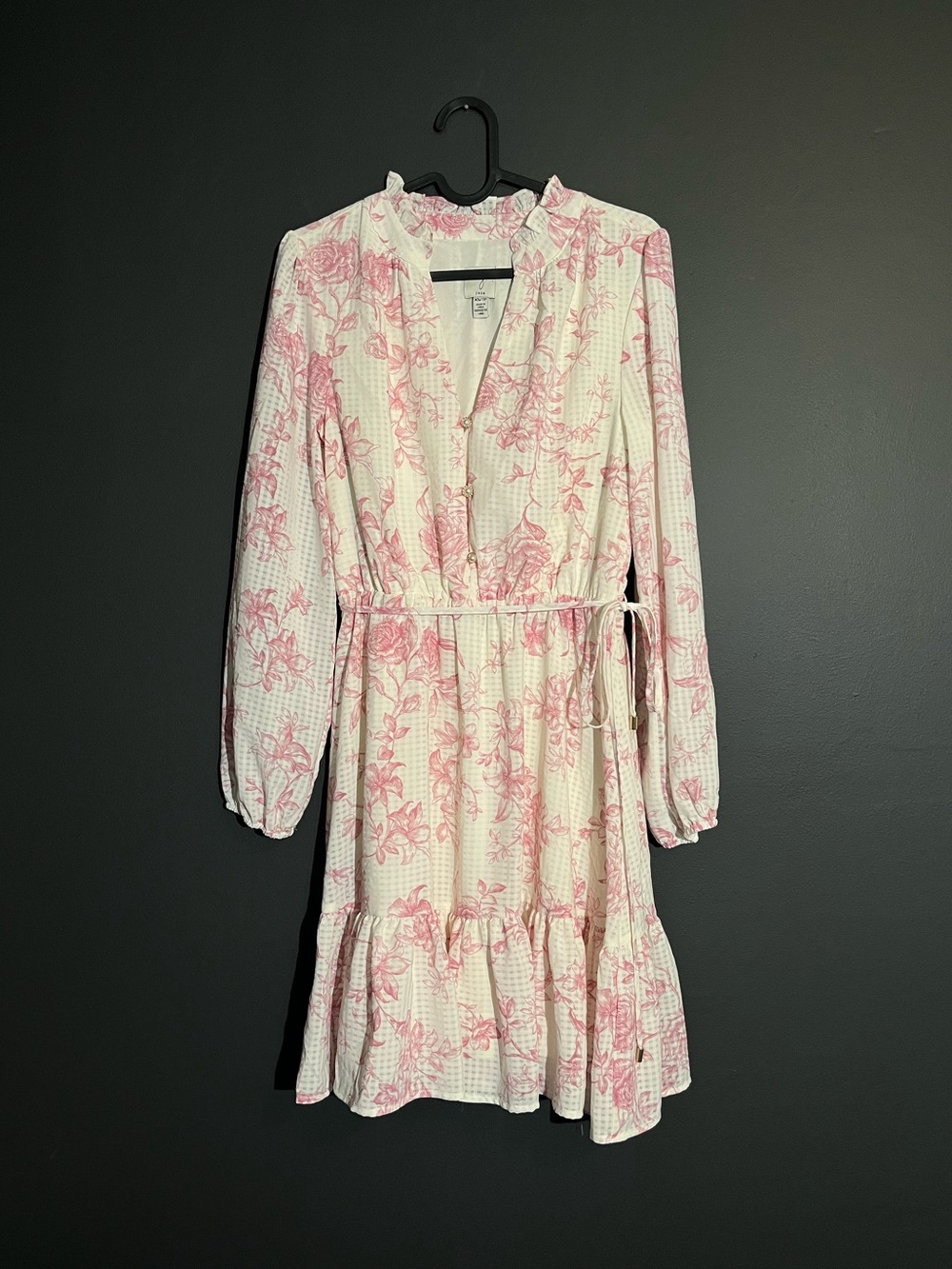Joie Pink White Floral Long Sleeve Tiered Dress Ruffle Neck Tie Waist - Size XS - Picture 2 of 11